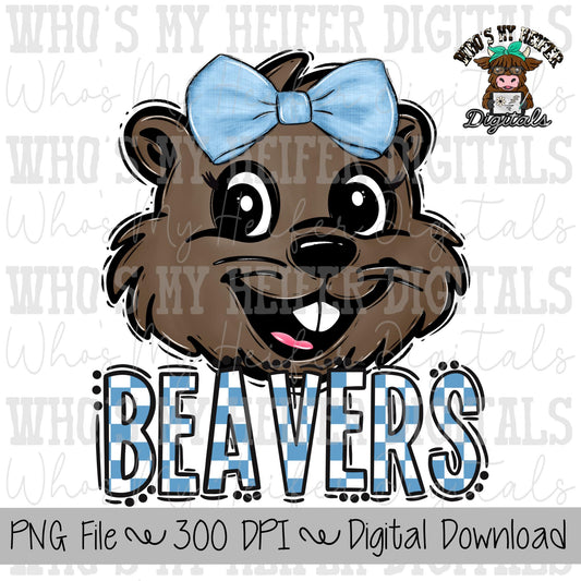 Light Blue & White Beaver PNG Hand Drawn Beaver with Bow Sublimation PNG Game Day Shirt Design School Spirit Checkered Beavers Doodle Art