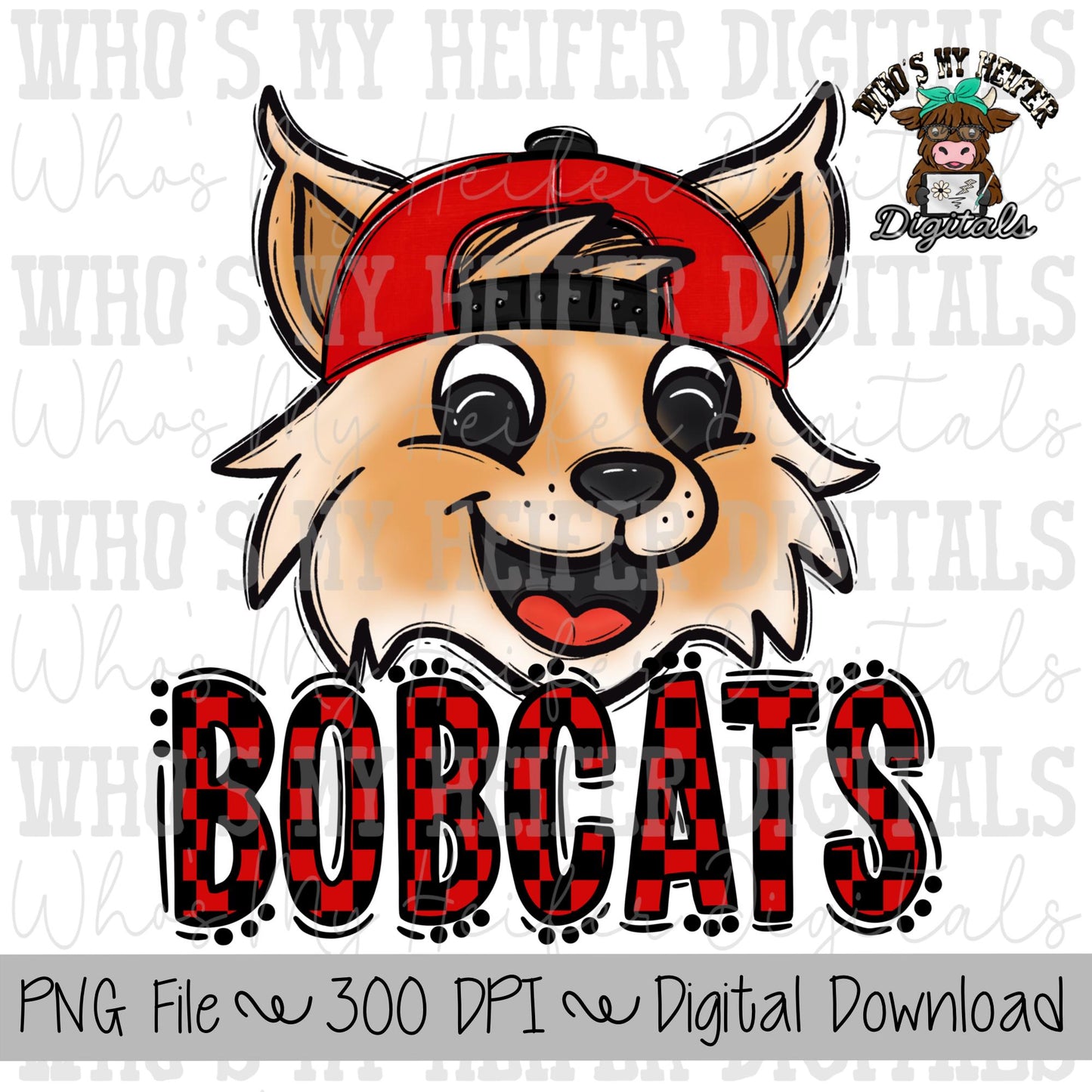 Red & Black Bobcats PNG Hand Drawn Bobcats with Hat Sublimation PNG Game Day Shirt Design School Spirit PNG Checkered Bobcat Doodle Art