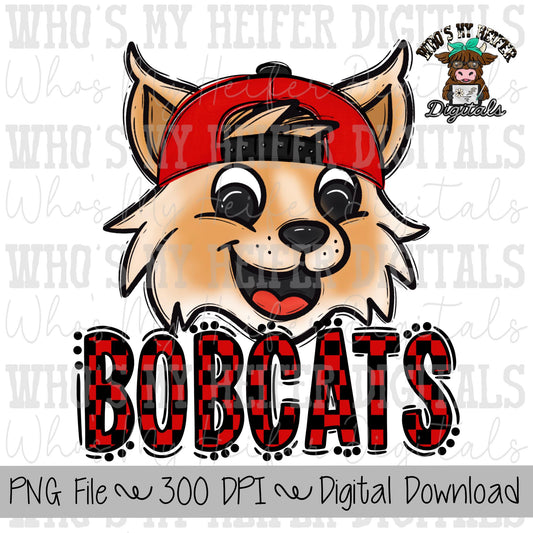 Red & Black Bobcats PNG Hand Drawn Bobcats with Hat Sublimation PNG Game Day Shirt Design School Spirit PNG Checkered Bobcat Doodle Art