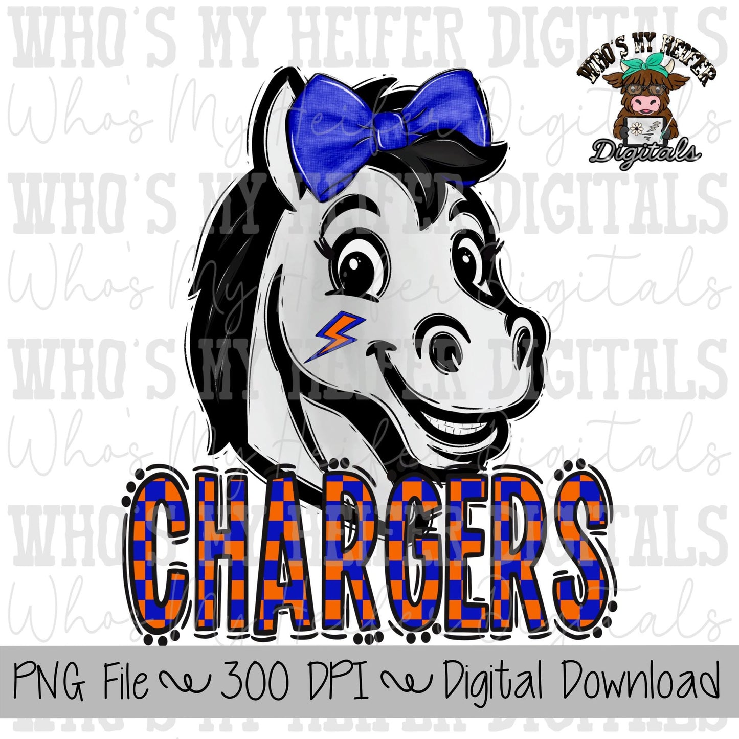 Orange & Blue Chargers PNG Hand Drawn Chargers with Bow Sublimation PNG Game Day Shirt Design School Spirit PNG Checkered Mascot Doodle Art