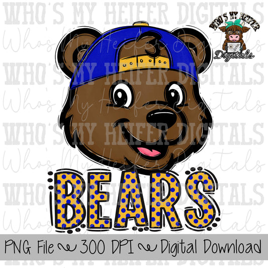 Blue & Yellow Bears PNG Hand Drawn Bear with Hat Sublimation PNG Game Day Shirt Designs School Spirit PNG Polka Dots Bear Digital Download