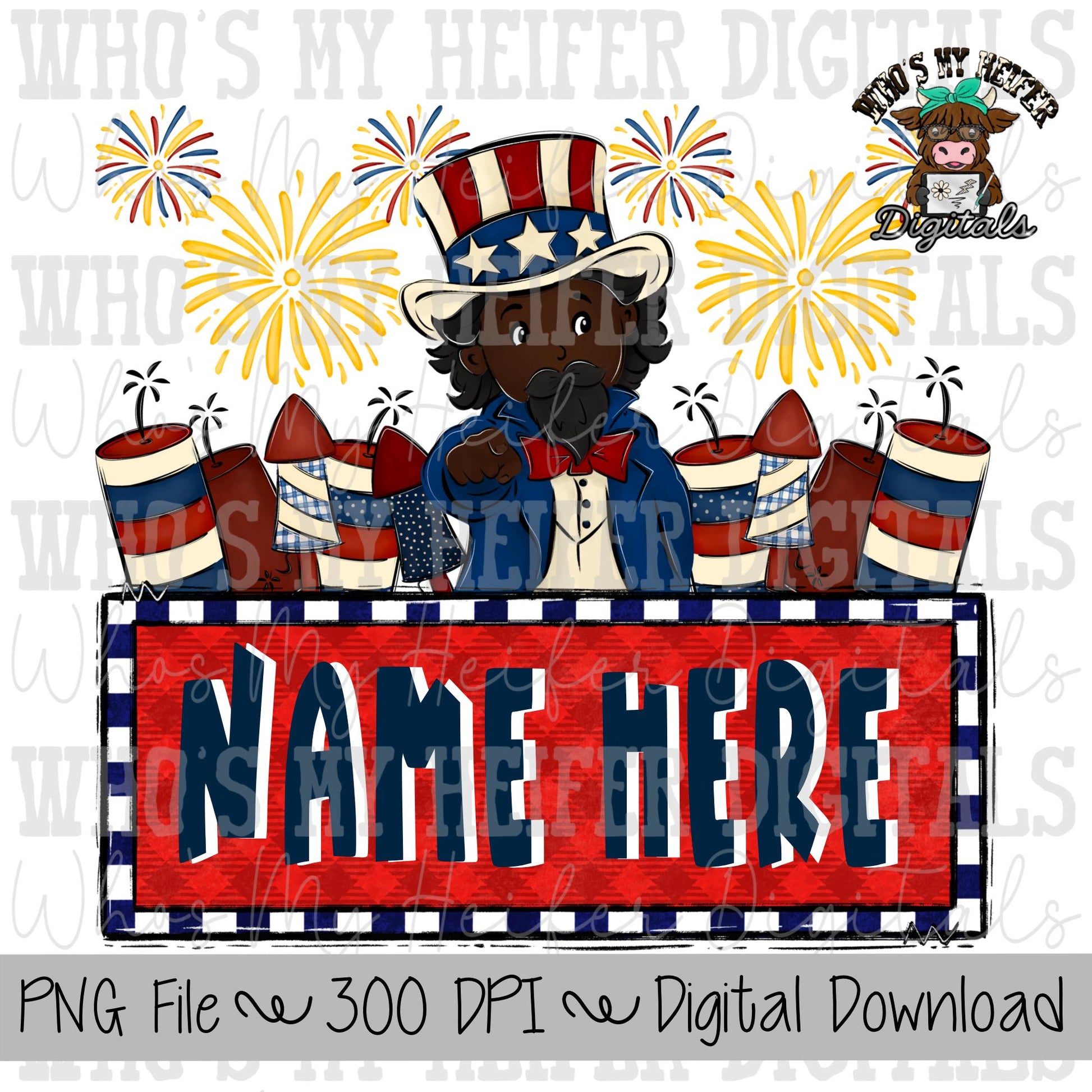Uncle Sam with Name Block Sublimation PNG Hand Drawn Boy with Hat, & Fireworks PNG File Boy America Shirt Design