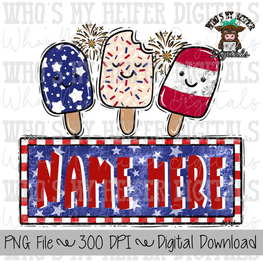 Whimsical Patriotic Popsicles with Name Block Sublimation PNG Hand Drawn Ice Cream with Fireworks PNG File Kids July 4th Shirt Design Doodle
