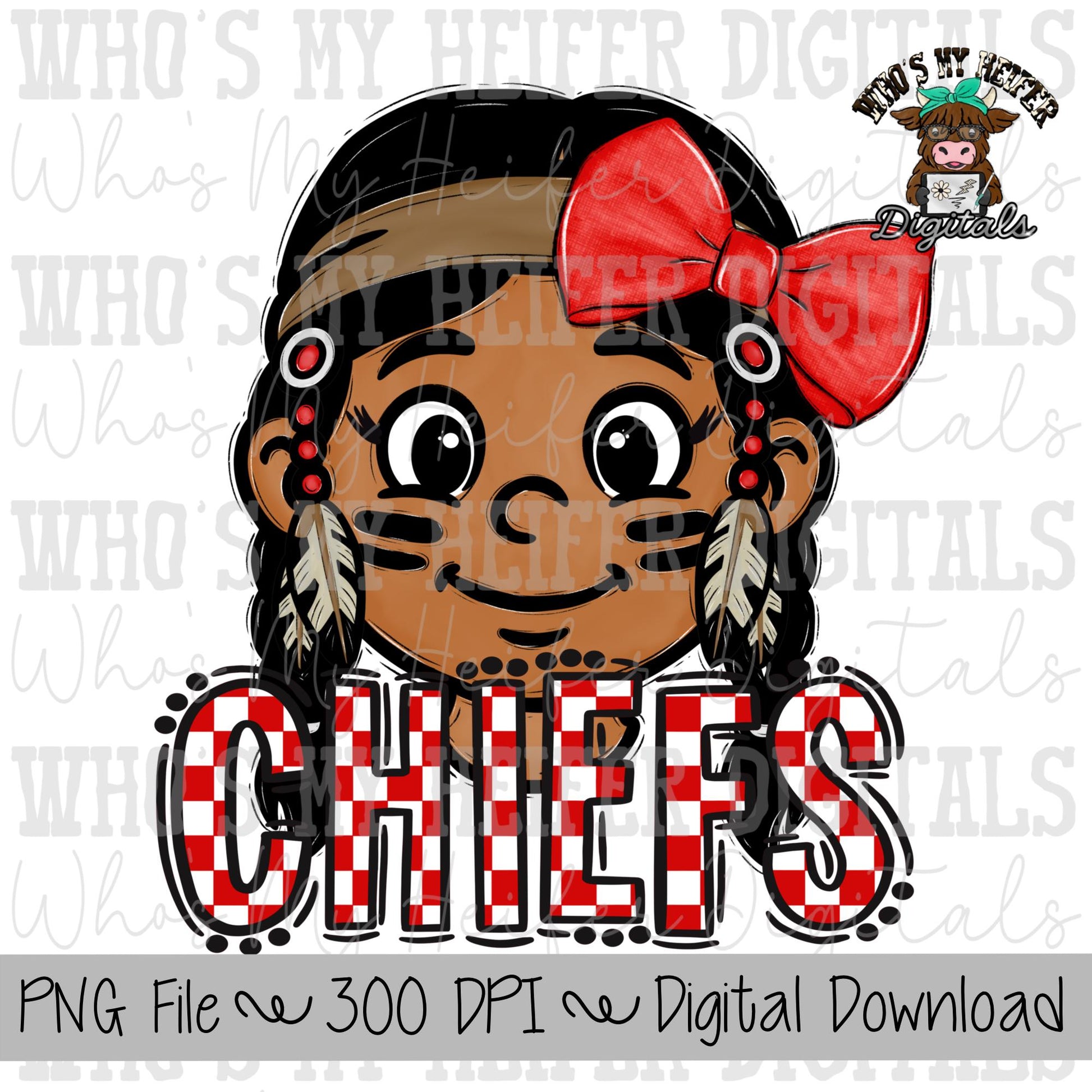 Red & White Chiefs PNG Hand Drawn Chief with Bow Sublimation PNG Game Day Shirt Design School Spirit Checkered Chiefs Kid Mascot