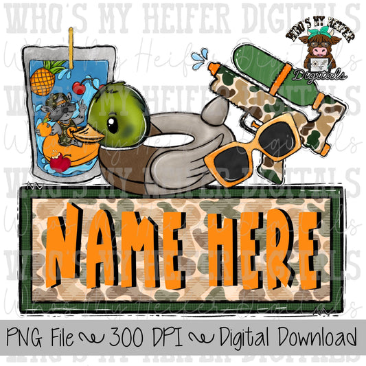 Camo Summer Fun Name Block Sublimation PNG Hand Drawn Water Toy & Duck Float PNG File River Life Shirt Design Kids Summer Doodle Art