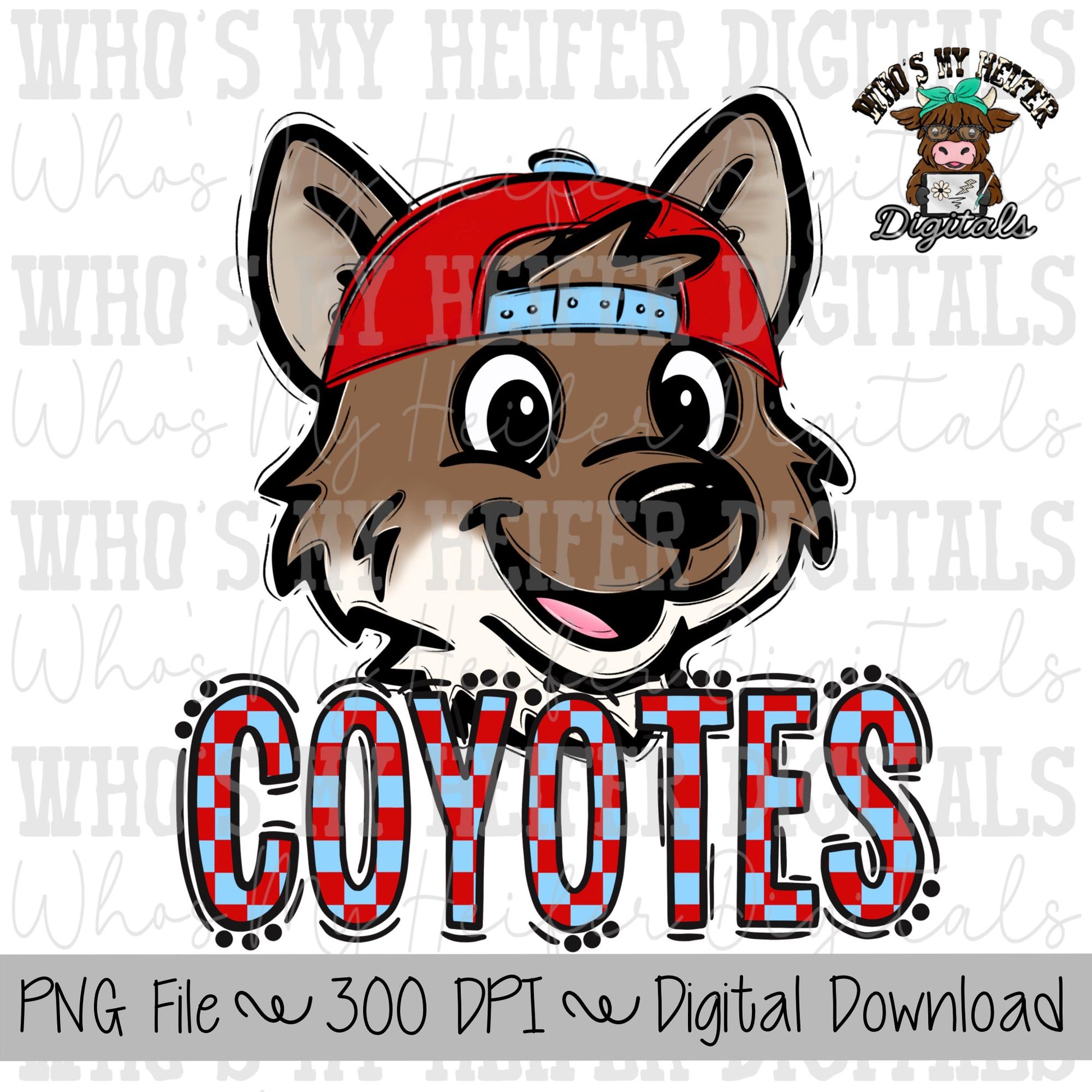 Red & Light Blue Coyote PNG Hand Drawn Coyote with Hat Sublimation PNG Game Day Shirt Designs School Spirit PNG Checkered Coyotes Doodle Art