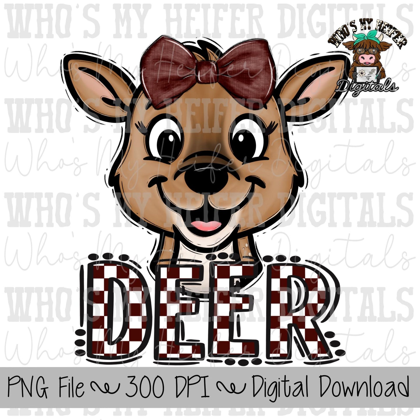 Maroon & White Deer PNG Hand Drawn Deer with Bow Sublimation PNG Game Day Shirt Design School Spirit Checkered Deer Kid Mascot