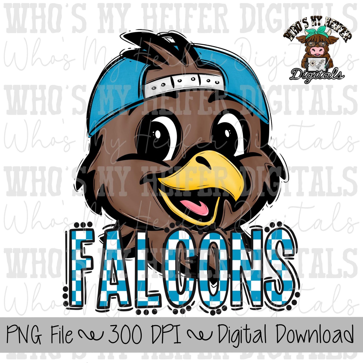 Light Blue & White Falcons PNG Hand Drawn Falcon with Hat Sublimation PNG Game Day Shirt Design School Spirit PNG Checkered Falcon Doodle
