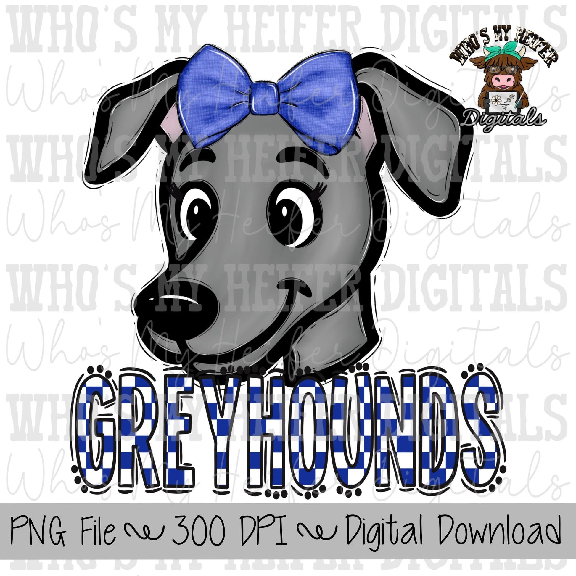 Blue & White Greyhounds PNG Hand Drawn Greyhound with Bow Sublimation PNG Game Day Shirt Design School Spirit Checkered Greyhound Kid Mascot