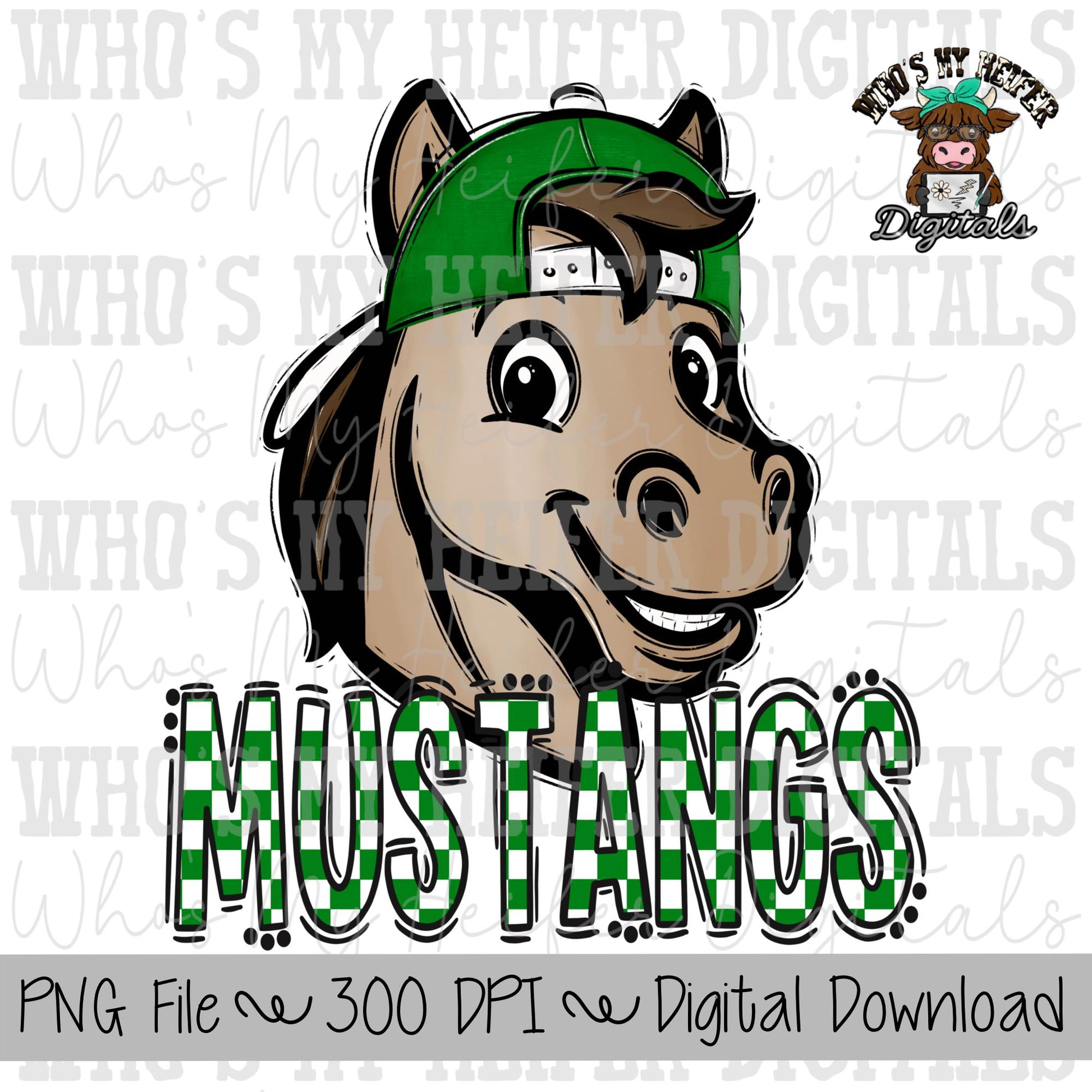Green & White Mustangs PNG Hand Drawn Mustang with Hat Sublimation PNG Game Day Shirt Design School Spirit Checkered Mustang Kid Mascot