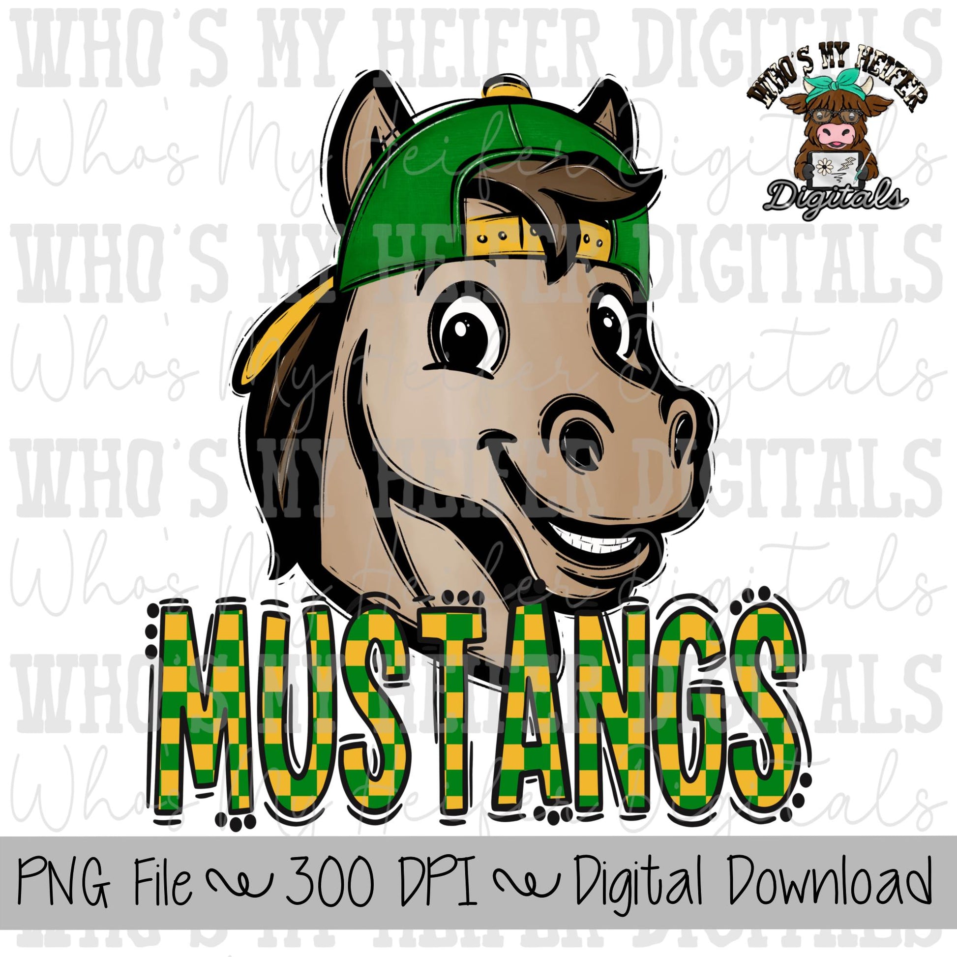 Green & Yellow Mustangs PNG Hand Drawn Mustang with Hat Sublimation PNG Game Day Shirt Design School Spirit Checkered Mustang Kid Mascot