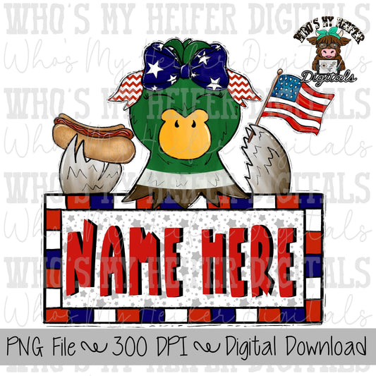 4th of July Mallard with Name Block Sublimation PNG Hand Drawn Duck with Bow, Flag, & Hotdog PNG File Girl America Shirt Design Duck Doodle
