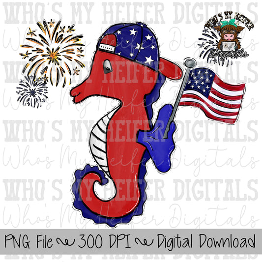 Boy Patriotic Seahorse PNG Hand Drawn Seahorse with Hat, Flag, & Fireworks Sublimation PNG America Shirt Design 4th of July Beach Doodle