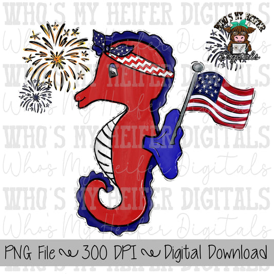 Girl Patriotic Seahorse PNG Hand Drawn Seahorse with Bow, Flag, & Fireworks Sublimation PNG America Shirt Design 4th of July Beach Doodle