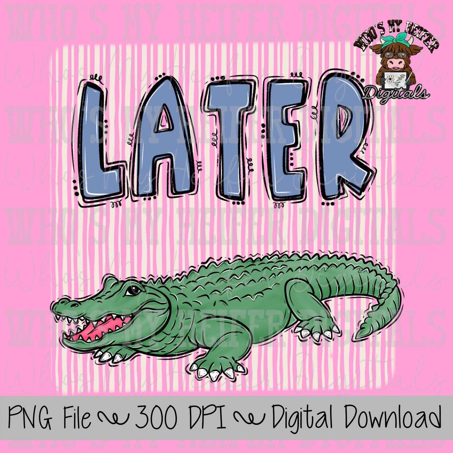 Later Gator PNG Hand Drawn Girly Alligator Doodle Trendy Kid Shirt Design Preppy Everyday Digital Design Summer Coastal Watercolor Stripe
