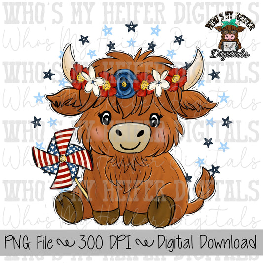 American Highland Cow PNG Hand Drawn Cow with Patriotic Flower Crown Sublimation PNG Girl Shirt Design Whimsical 4th of July Heifer Doodle