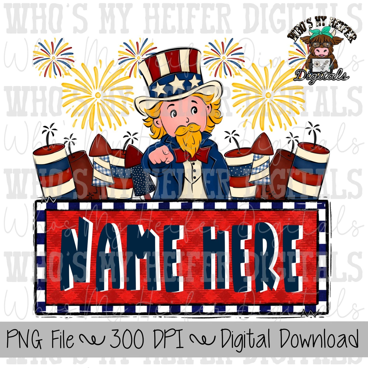 Uncle Sam with Name Block Sublimation PNG Hand Drawn Boy with Hat, & Fireworks PNG File Boy America Shirt Design