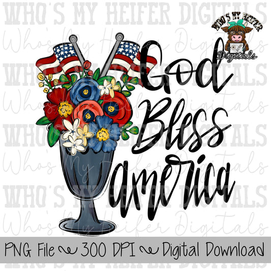 God Bless America PNG Hand Drawn Patriotic Flowers with USA Flag Sublimation PNG Women's Shirt Design Whimsical 4th of July Doodle