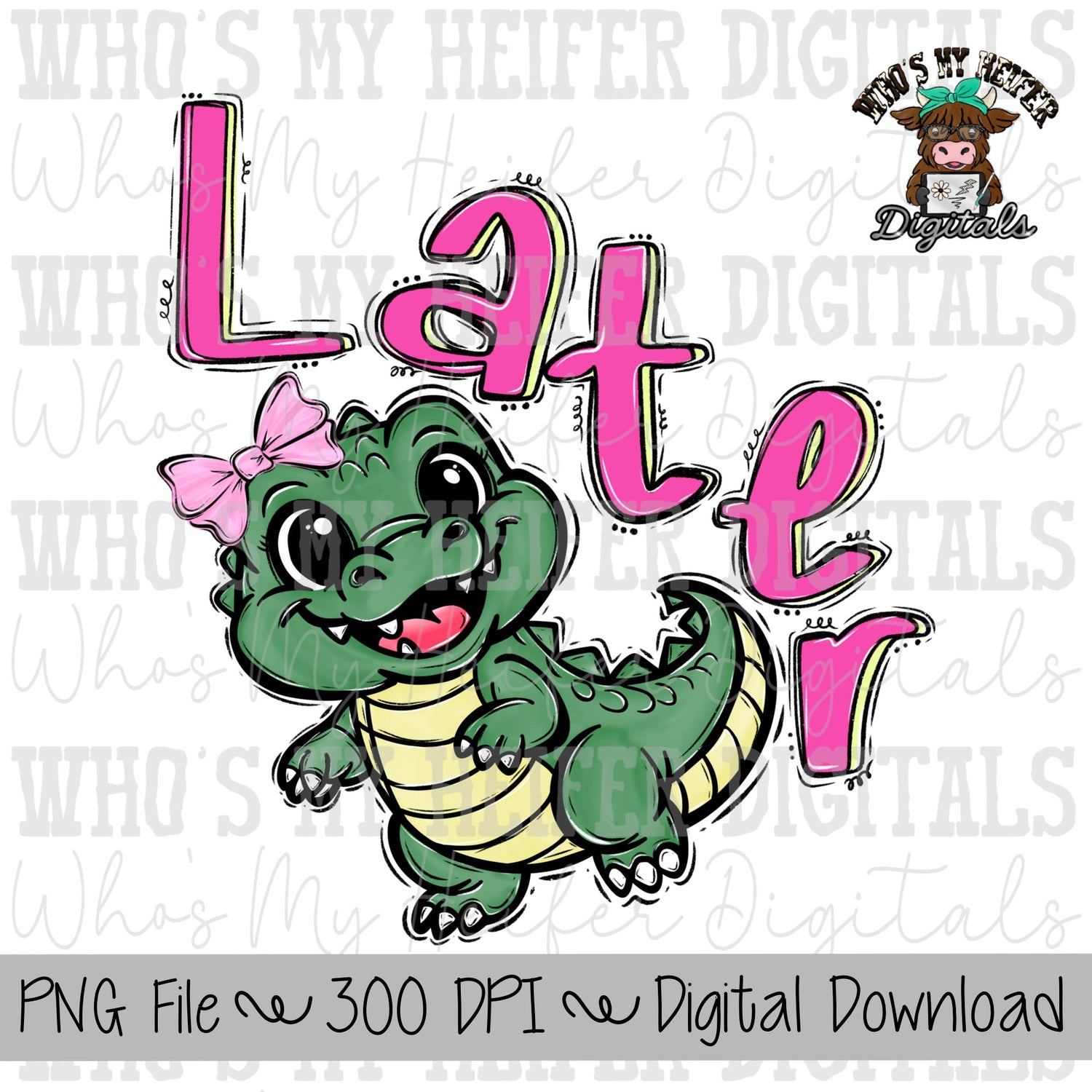 Later Gator PNG Hand Drawn Girly Alligator Doodle Trendy Kid Shirt Design Pink Preppy Everyday Digital Design Summer Coastal Watercolor Bow