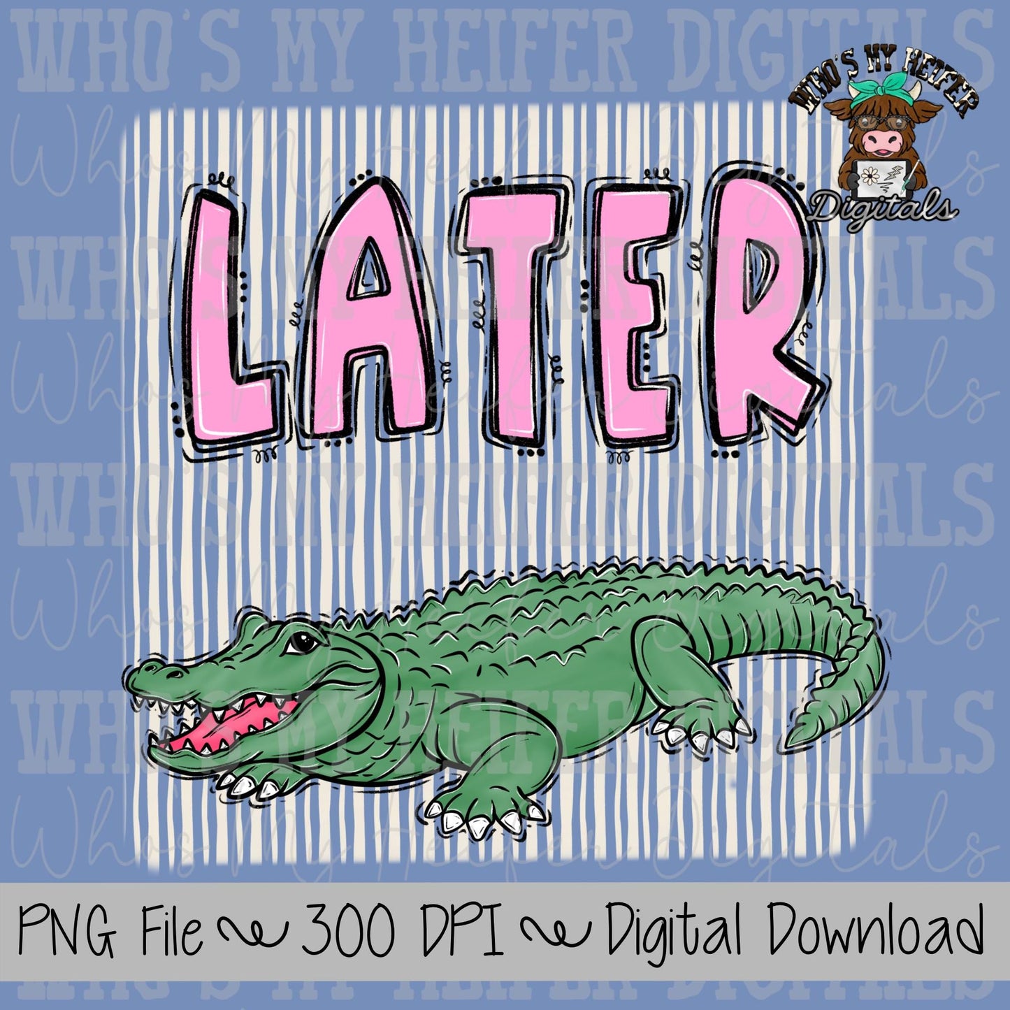 Later Gator PNG Hand Drawn Girly Alligator Doodle Trendy Kid Shirt Design Preppy Everyday Digital Design Summer Coastal Watercolor Stripe