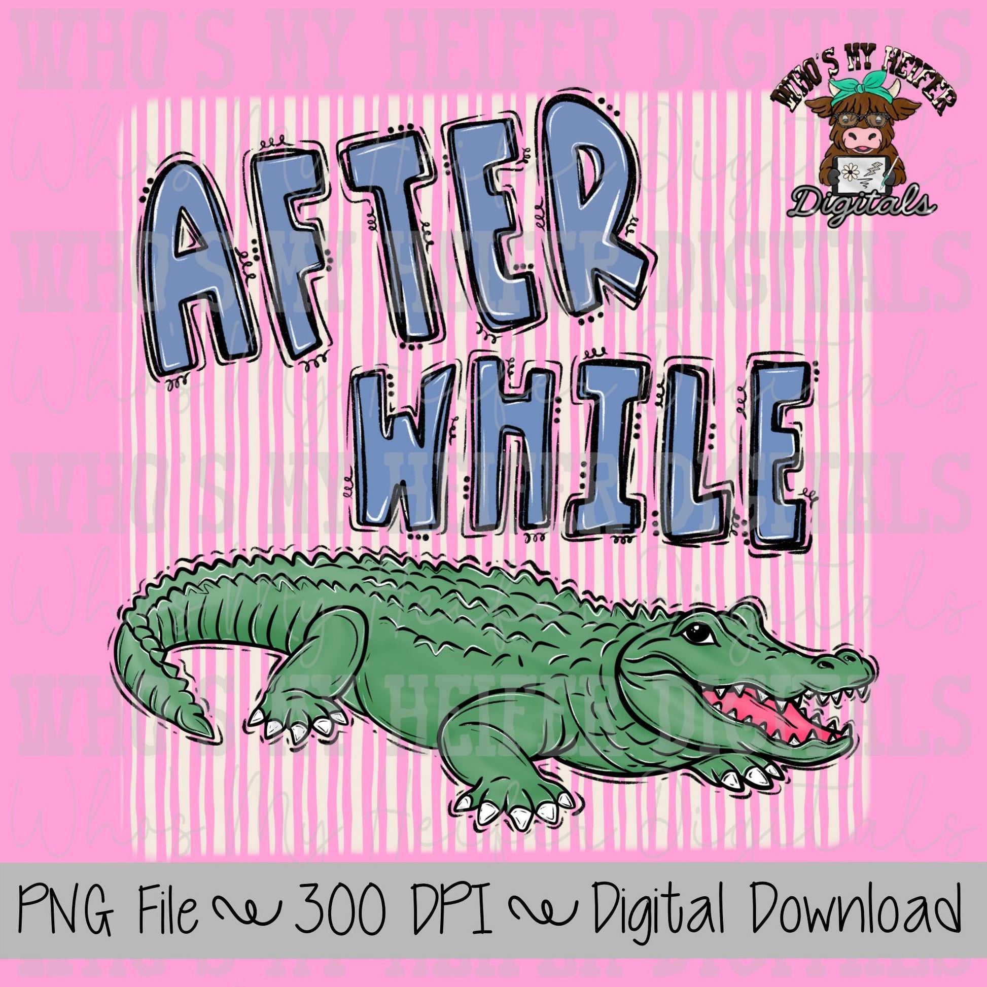 After While Crocodile PNG Hand Drawn Trendy Girly Doodle Kid Shirt Design Preppy Everyday Digital Design Summer Coastal Watercolor Stripe