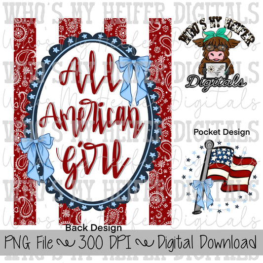 All American Girl PNG Hand Drawn American Honey Flag Coquette Bow Sublimation PNG Womens Trendy Front Back Shirt Design 4th of July Memorial