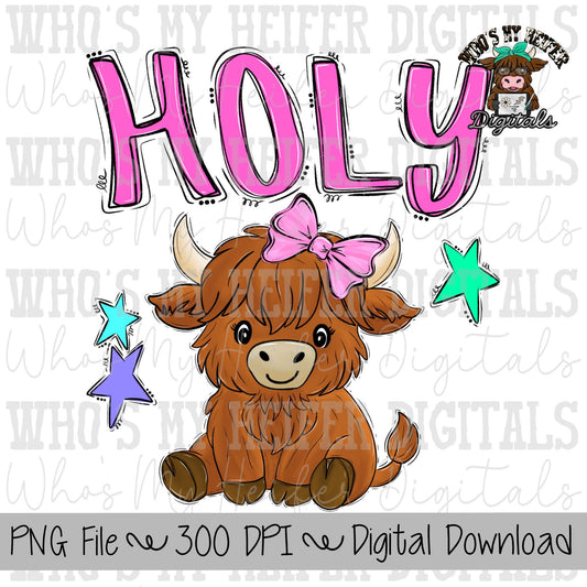 Holy Cow PNG Hand Drawn Girly Cow with Bow Doodle Trendy Kid Shirt Design Pink Preppy Everyday Digital Design Summer Farm Animals Watercolor