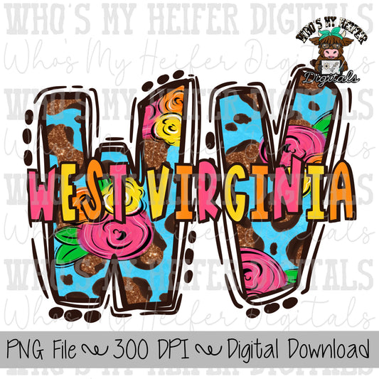 Floral Leopard WV Doodle Letters PNG Hand Drawn West Virginia with Flowers & Glitter Sublimation PNG Womens Summer Shirt Design State Doodle