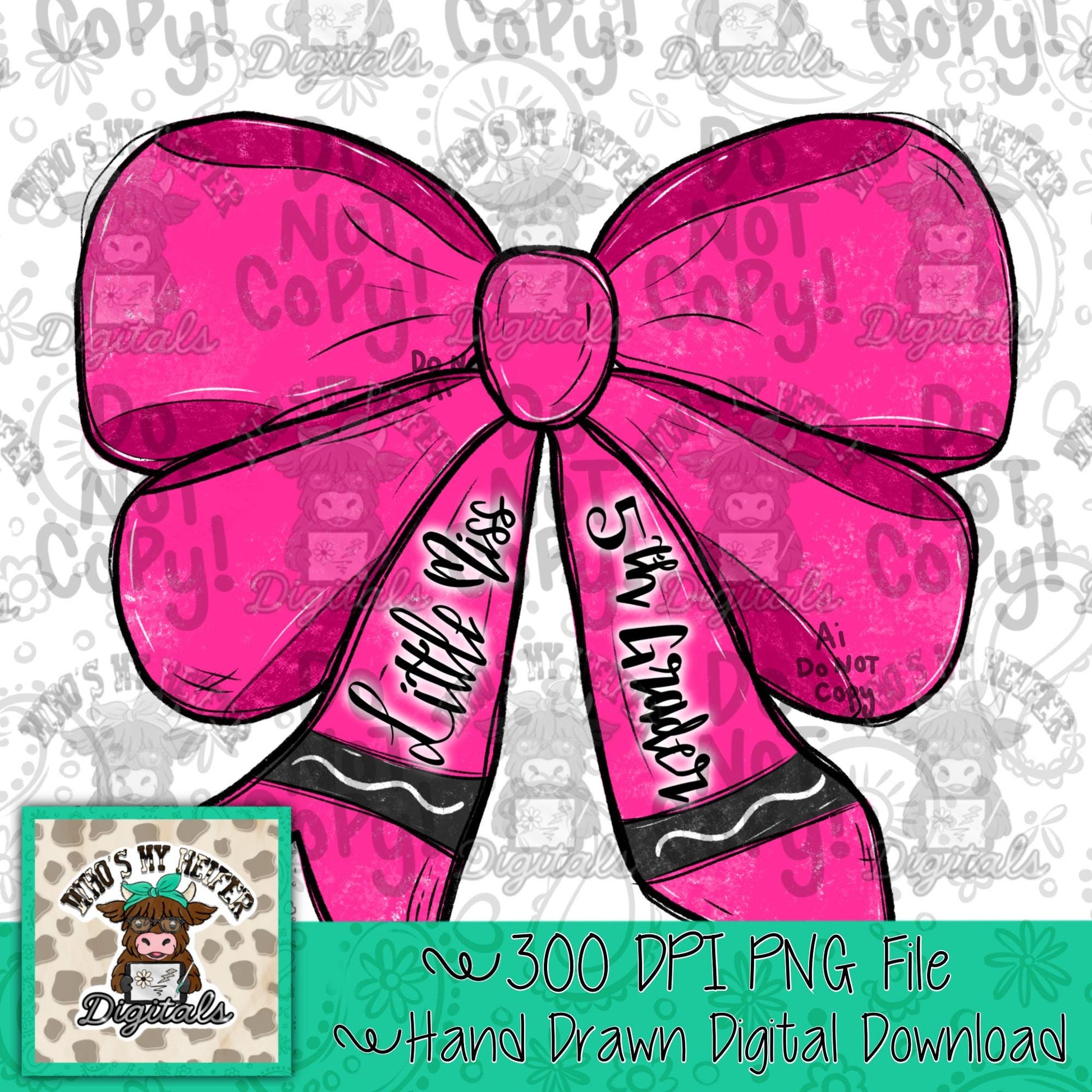 Little Miss 5th Grade Crayon Bow Sublimation PNG
