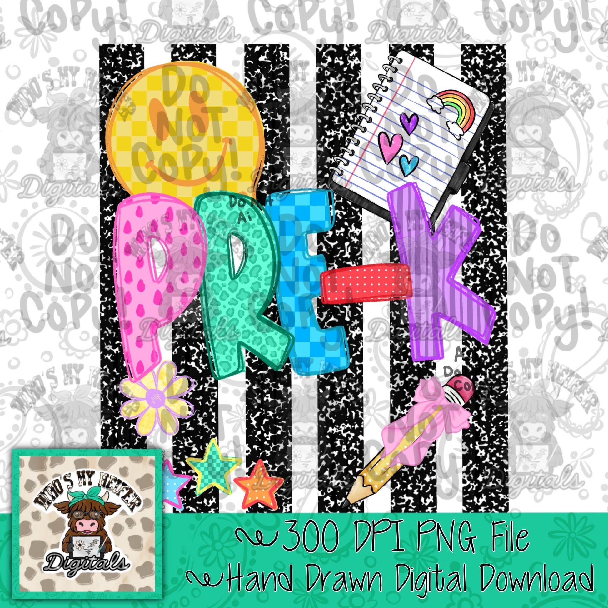 Girl Pre-K PNG Preppy Notebook Stripes Back to School Sublimation File Trendy First day of School Digital Art Elementary Grade Level dtg dtf