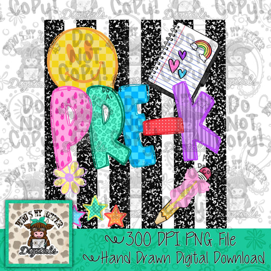 Girl Pre-K PNG Preppy Notebook Stripes Back to School Sublimation File Trendy First day of School Digital Art Elementary Grade Level dtg dtf