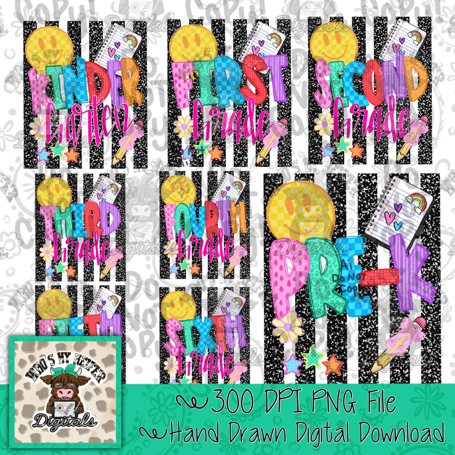 Preppy Stripes Back to School Bundle PNG Retro Checkered Doodle Art Coquette First Second Grade PNG Elementary Grade level School Png Third