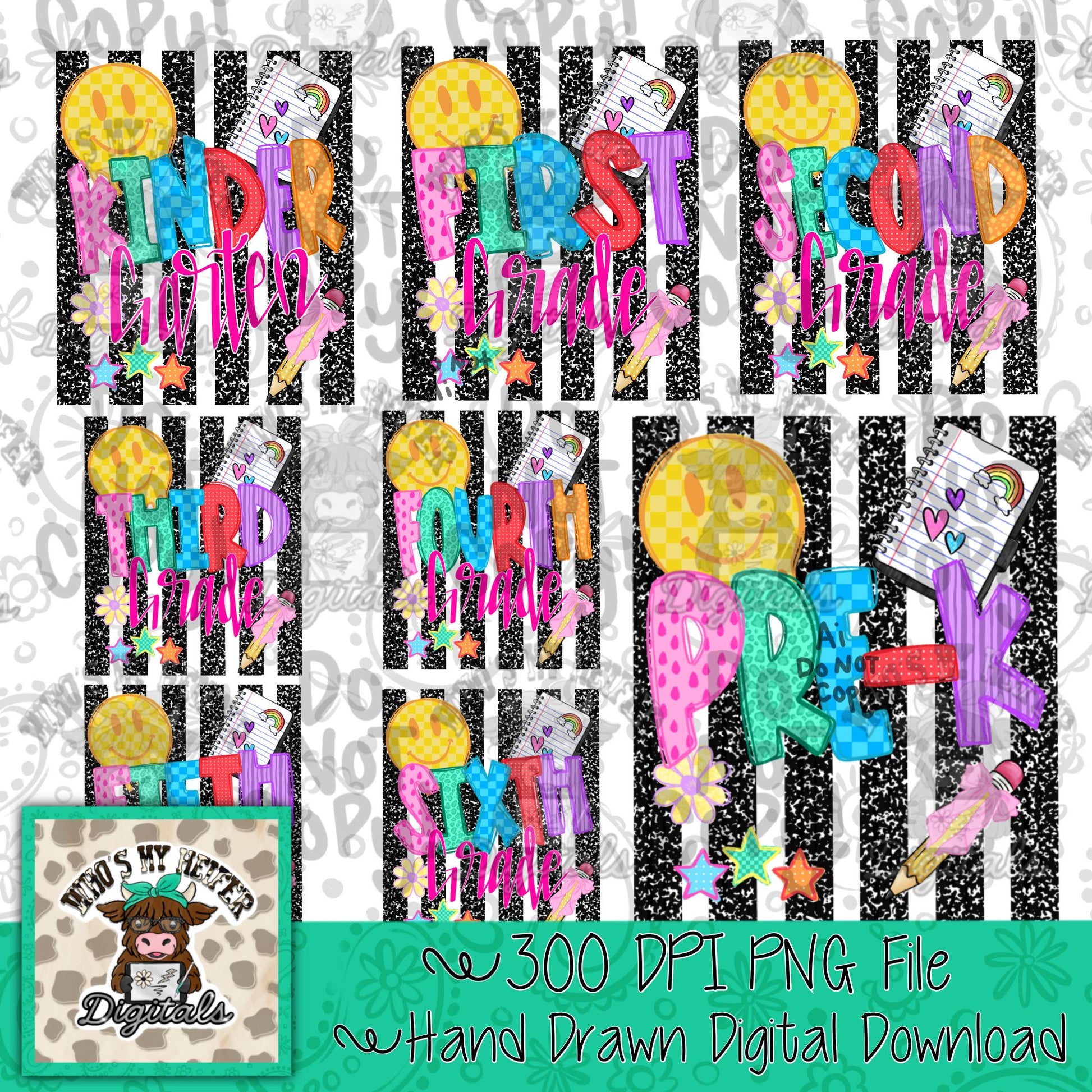 Preppy Stripes Back to School Bundle PNG Retro Checkered Doodle Art Coquette First Second Grade PNG Elementary Grade level School Png Third