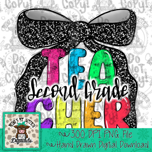 Second Grade Teacher with Bow PNG Preppy Notebook Coquette Occupation Sublimation File Elementary Teach Digital Download Neon Bright Colors