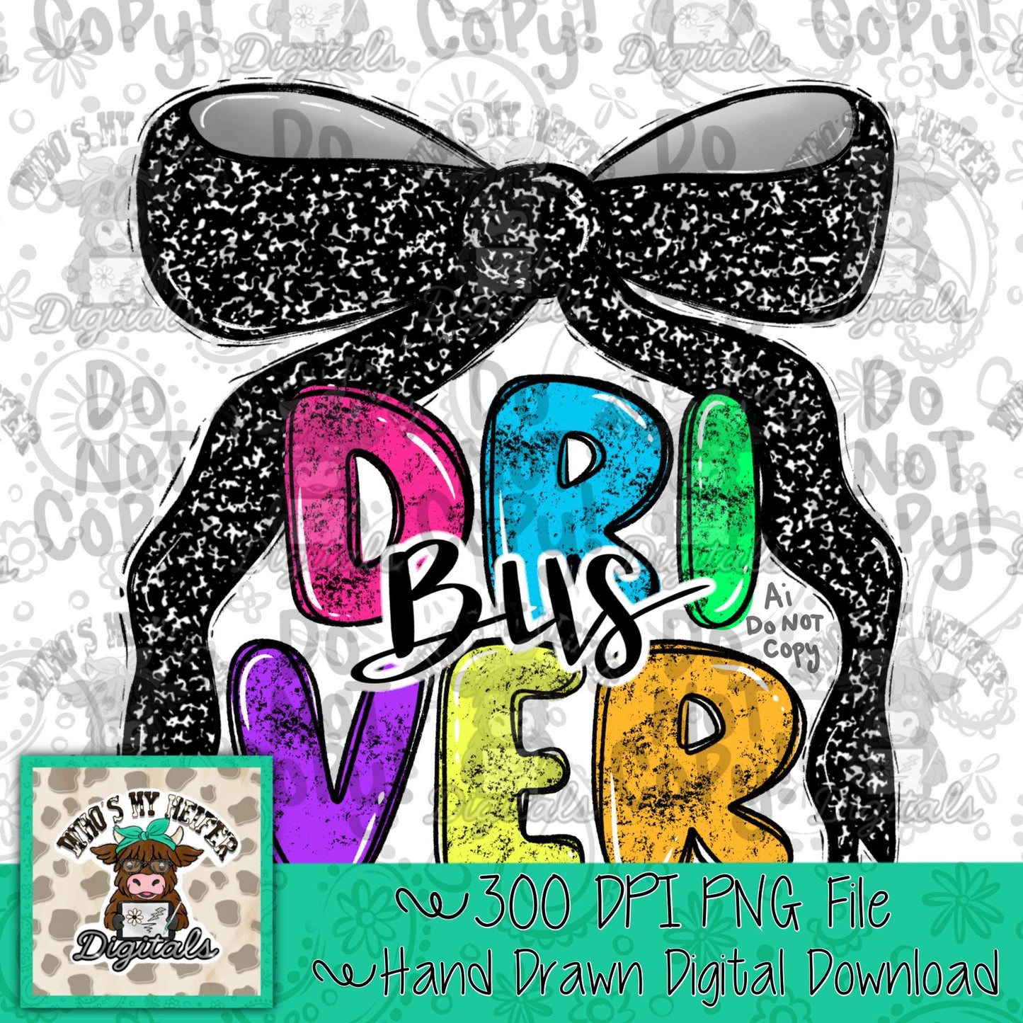 Bus Driver with Bow PNG Preppy Notebook Coquette Occupation Sublimation File Elementary School Staff Digital Download Neon Bright Colors