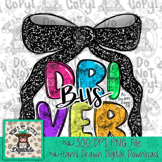 Bus Driver with Bow PNG Preppy Notebook Coquette Occupation Sublimation File Elementary School Staff Digital Download Neon Bright Colors