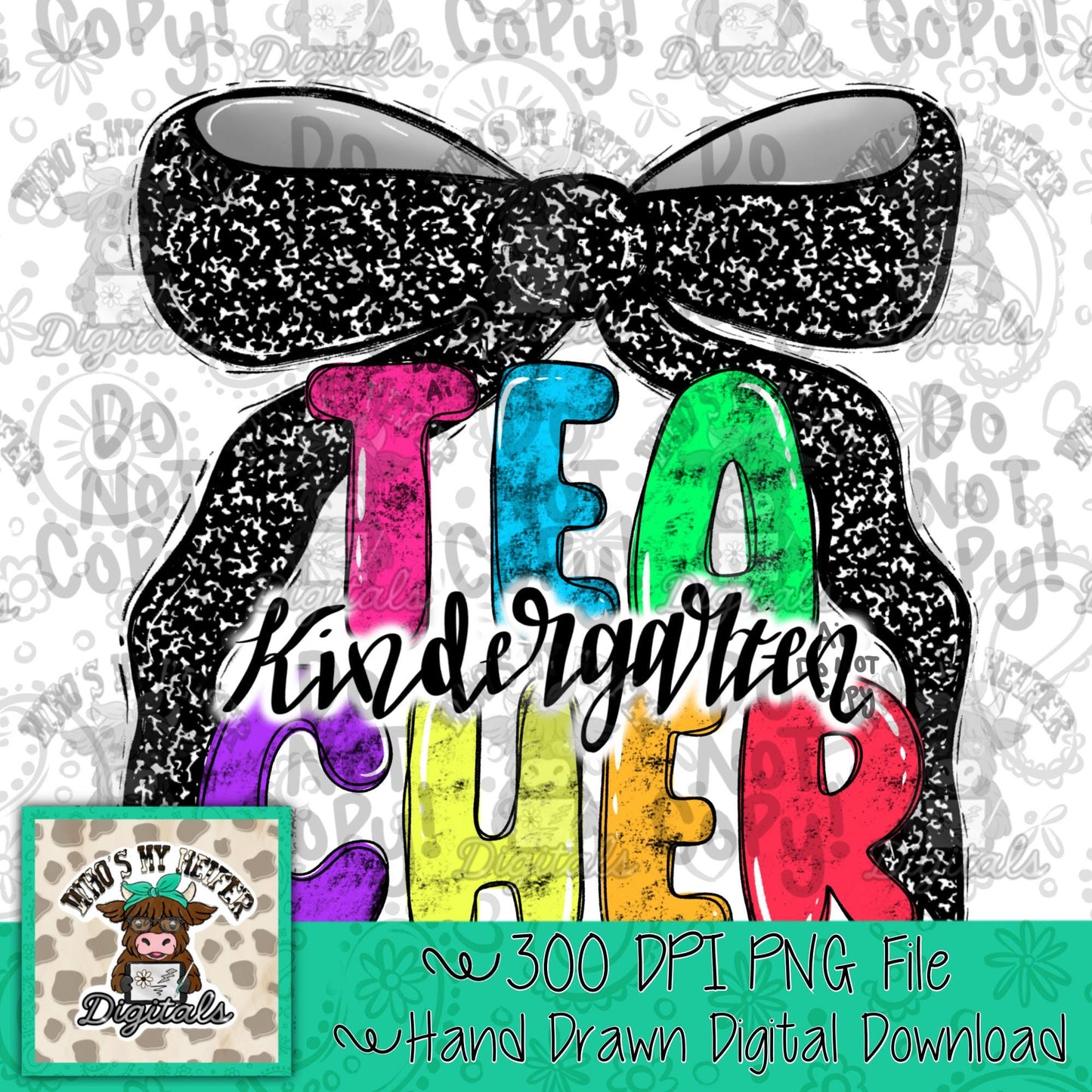 Kindergarten Teacher with Bow PNG Preppy Notebook Coquette Occupation Sublimation File Elementary Teach Digital Download Neon Bright Colors