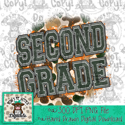 Retro Camouflage Second Grade PNG Hand Drawn 2nd Grade Sublimation Png School Camo Back to School PNG Boy First day of School Shirt Design