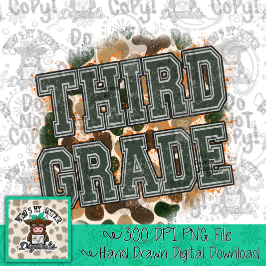 Retro Camouflage Third Grade PNG Hand Drawn 3rd Grade Sublimation Png School Camo Back to School PNG Boy First day of School Shirt Design