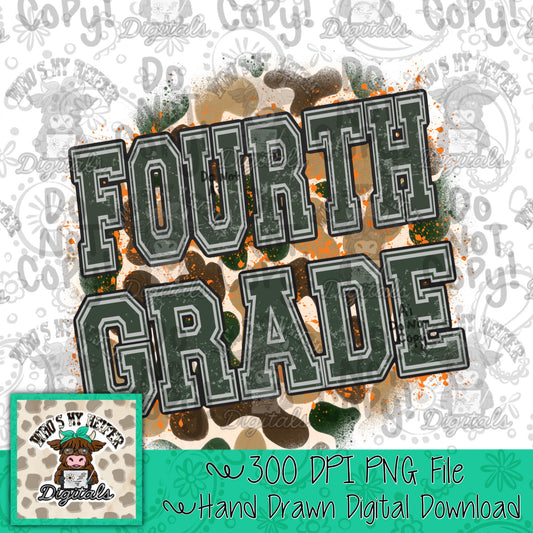 Retro Camouflage Fourth Grade PNG Hand Drawn 4th Grade Sublimation Png School Camo Back to School PNG Boy First day of School Shirt Design