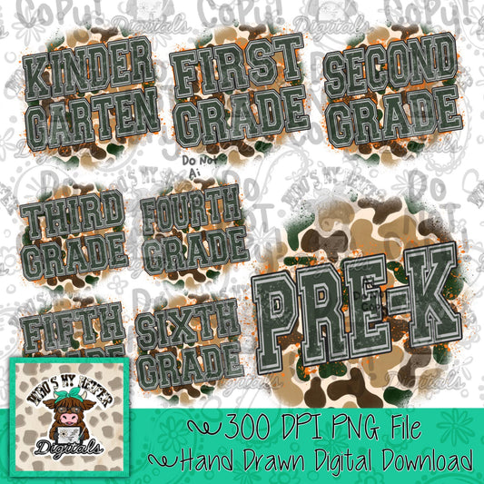 Retro Camouflage Back to School Bundle PNG Hand Drawn Boy First day of School Sublimation Png School Camo Back to School Shirt Design