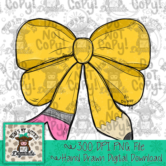 Girly Bow Pencil PNG Hand Drawn Pencil Doodle Sublimation File Coquette Back to School PNG Preppy First day of School Digital Art dtf dtg