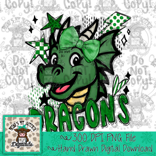 Green & White Dragons PNG Hand Drawn Dragon with Bow Sublimation PNG Game Day Shirt Designs School Spirit PNG Retro Kid Mascot Doodle Art