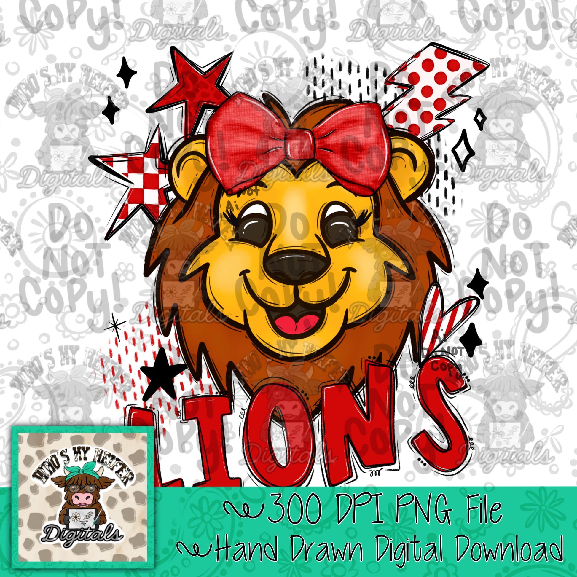 Red & White Lions PNG Hand Drawn Lions with Bow Sublimation PNG Game Day Shirt Design School Spirit PNG Retro Kid Mascot Doodle Art