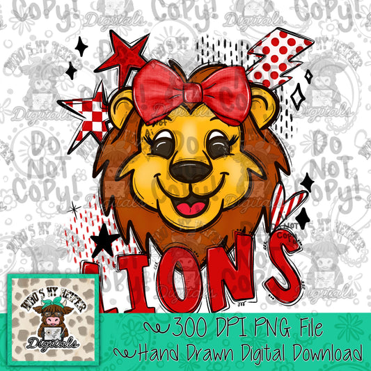 Red & White Lions PNG Hand Drawn Lions with Bow Sublimation PNG Game Day Shirt Design School Spirit PNG Retro Kid Mascot Doodle Art