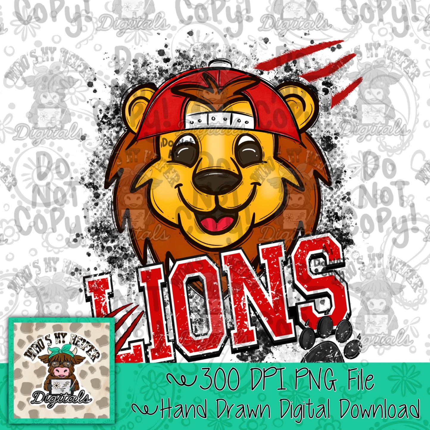 Red & White Lions PNG Hand Drawn Lions with Hat Sublimation File Game Day Shirt Design School Spirit PNG Retro Kid Mascot Doodle Art