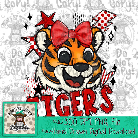 Red & White Tiger PNG Hand Drawn Tiger with Bow Sublimation PNG Game Day Shirt Designs School Spirit PNG Retro Kid Mascot Digital Download