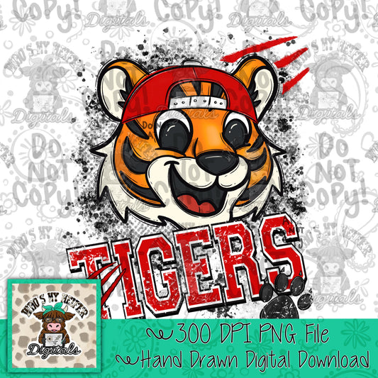 Red & White Tiger PNG Hand Drawn Tiger with Hat Sublimation PNG Game Day Shirt Designs School Spirit PNG Retro Kid Mascot Digital Download