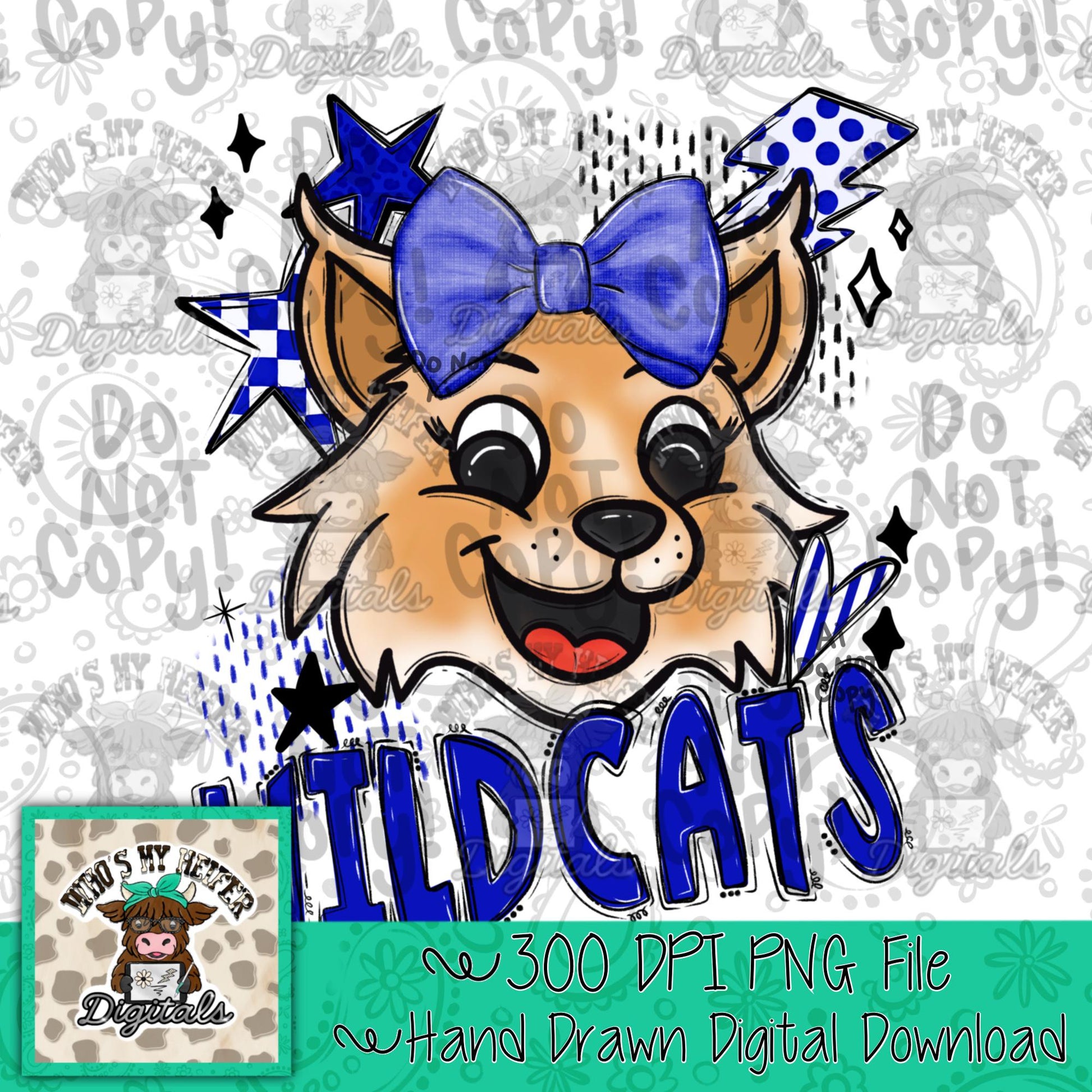 Blue & White Wildcat PNG Hand Drawn Wildcat with Bow Sublimation PNG Game Day Shirt Designs School Spirit PNG Retro Kid Mascot Doodle Art