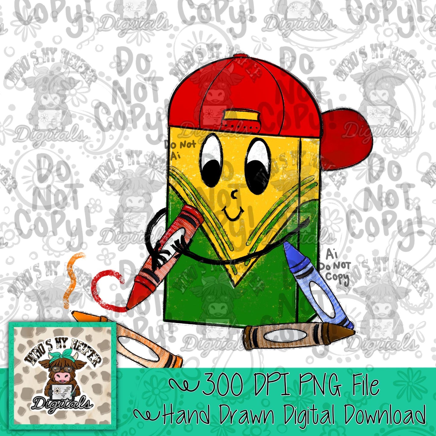 Boy Crayon Back to School PNG Hand Drawn Crayon with Hat Doodle Sublimation png Beginning of School Preppy First day of School Digital